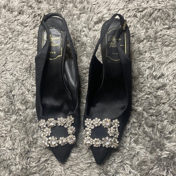 Roger Vivier Black Satin Floral crystal strass sling back heels 38 - Picture 1 of 13